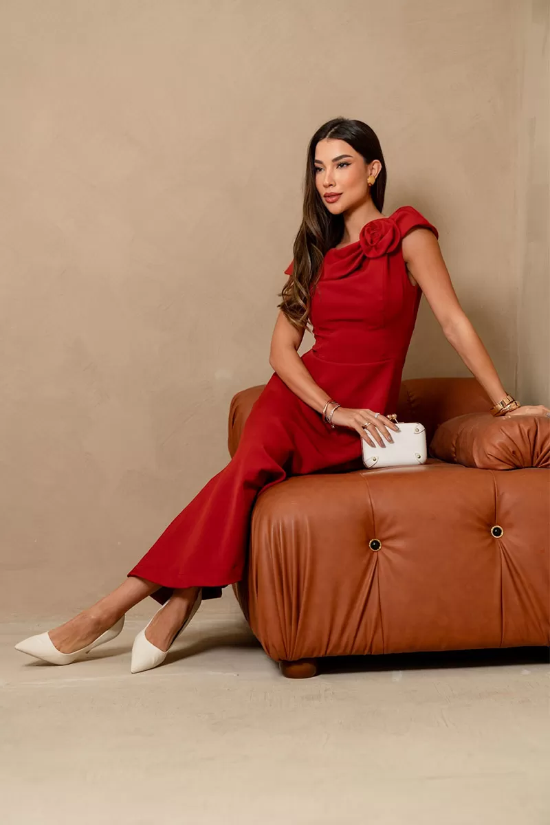 Miss Misses - Hilda Dress with Flower Detail on the Collar in Rust - 54592025 Miss Misses - Hilda Dress with Flower Detail on the Collar in Rust - 54592025