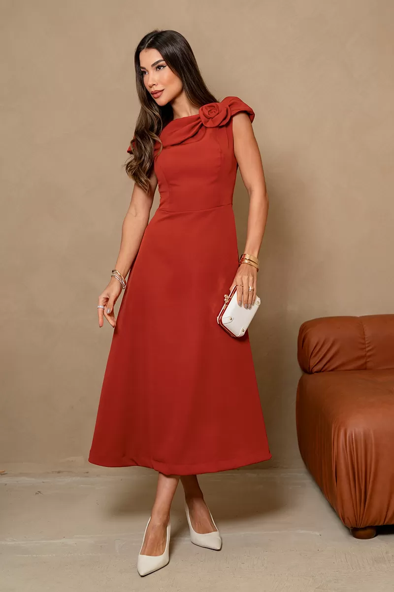 Miss Misses - Hilda Dress with Flower Detail on the Collar in Rust - 54592025 Miss Misses - Hilda Dress with Flower Detail on the Collar in Rust - 54592025