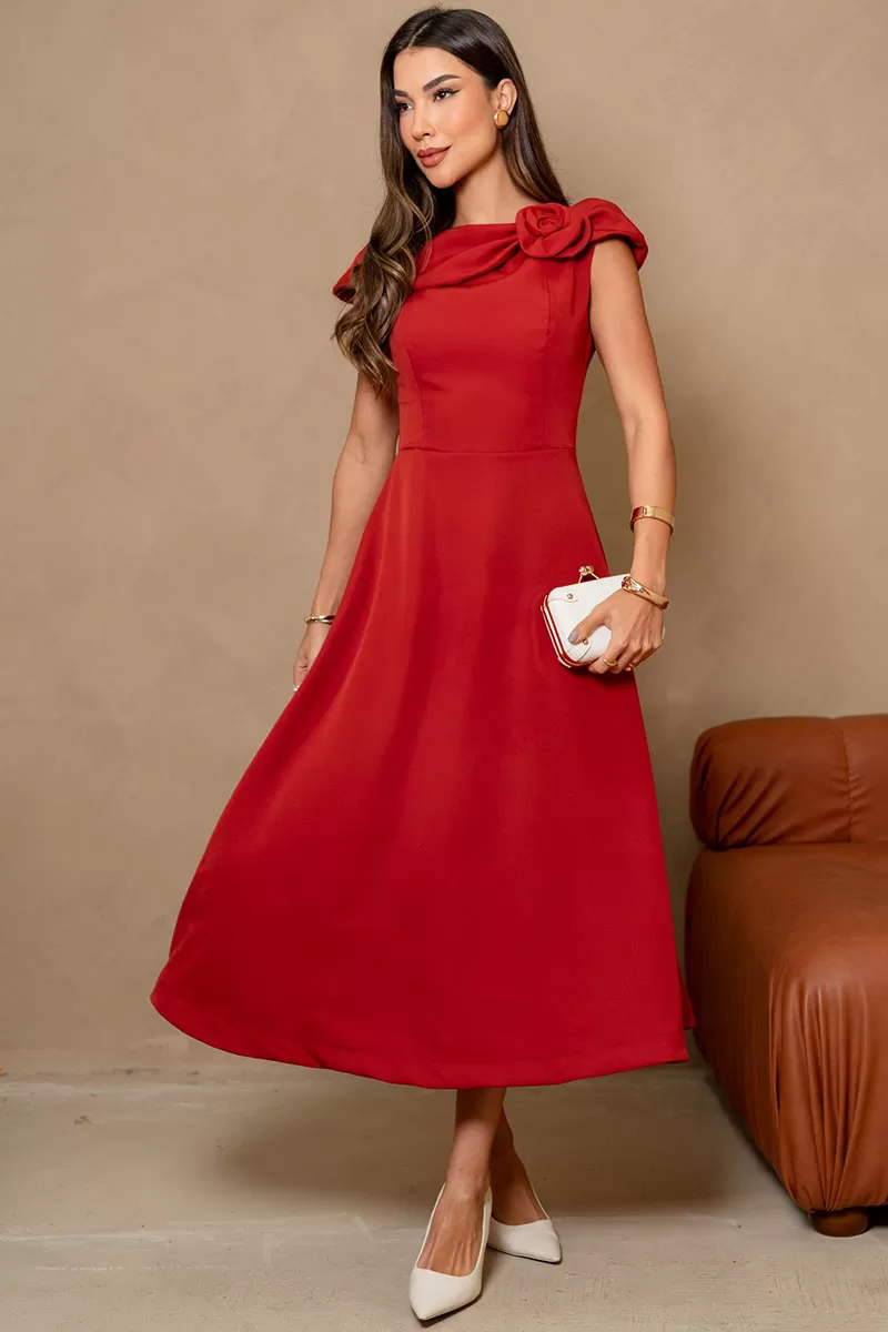 Miss Misses - Hilda Dress with Flower Detail on the Collar in Rust - 54592025 Miss Misses - Hilda Dress with Flower Detail on the Collar in Rust - 54592025
