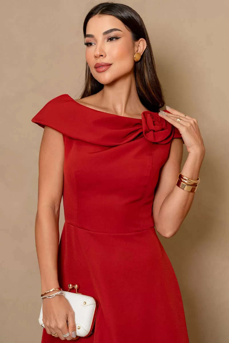 Miss Misses - Hilda Dress with Flower Detail on the Collar in Rust - 54592025 Miss Misses - Hilda Dress with Flower Detail on the Collar in Rust - 54592025