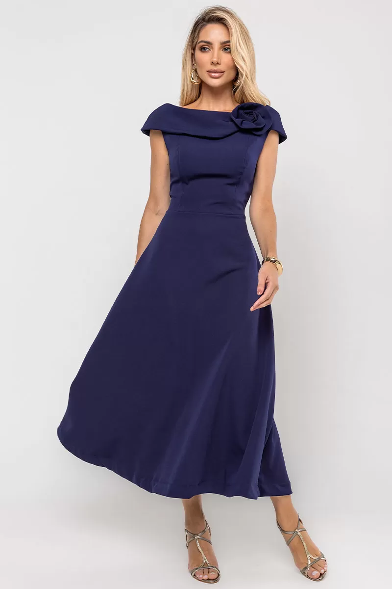 Miss Misses - Hilda Dress with Flower Detail on the Collar in Navy Blue - 54592004 Miss Misses - Hilda Dress with Flower Detail on the Collar in Navy Blue - 54592004