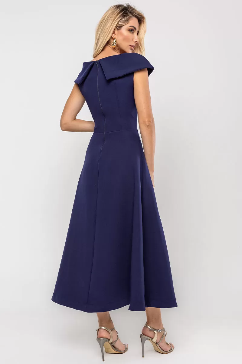 Miss Misses - Hilda Dress with Flower Detail on the Collar in Navy Blue - 54592004 Miss Misses - Hilda Dress with Flower Detail on the Collar in Navy Blue - 54592004