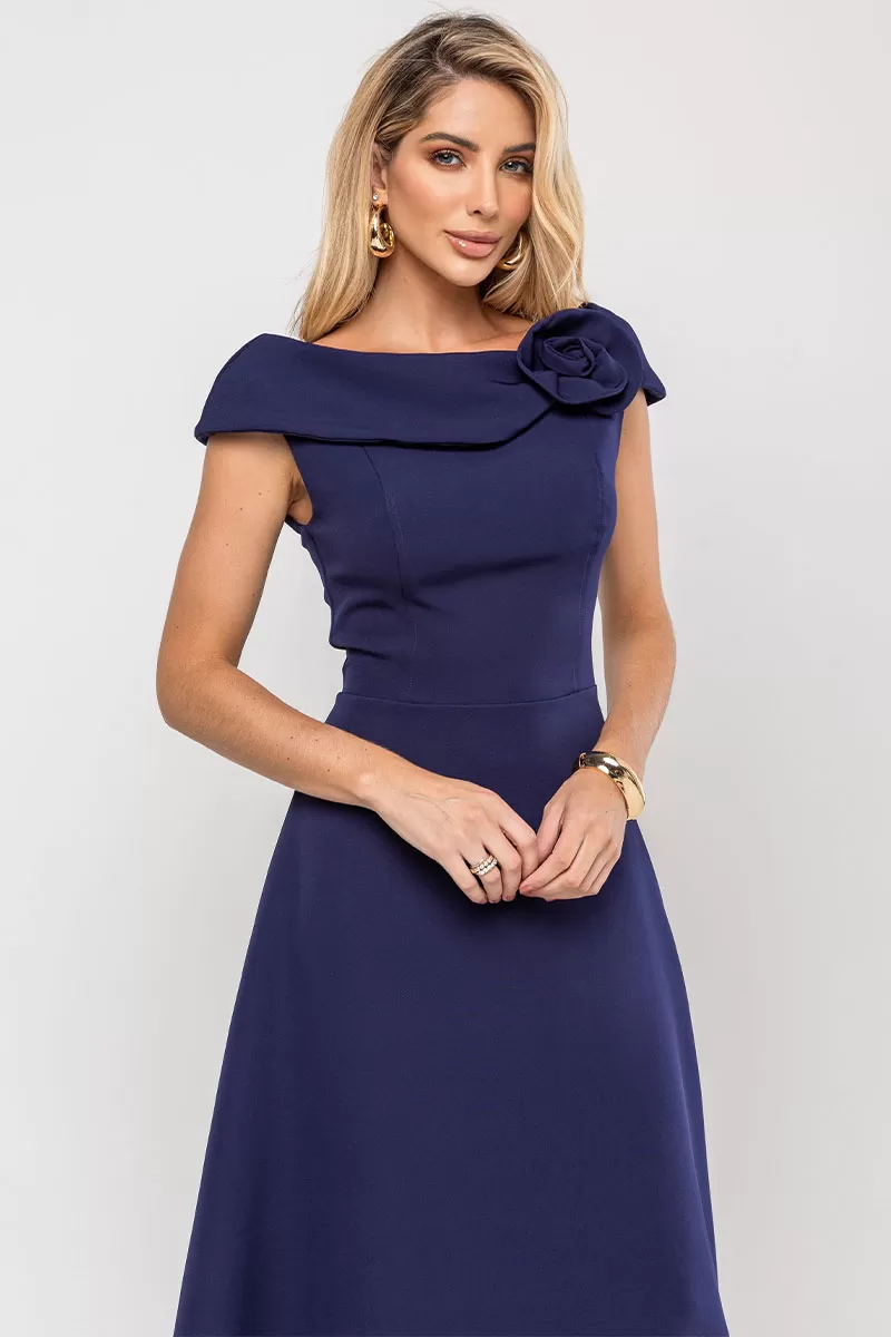 Miss Misses - Hilda Dress with Flower Detail on the Collar in Navy Blue - 54592004 Miss Misses - Hilda Dress with Flower Detail on the Collar in Navy Blue - 54592004