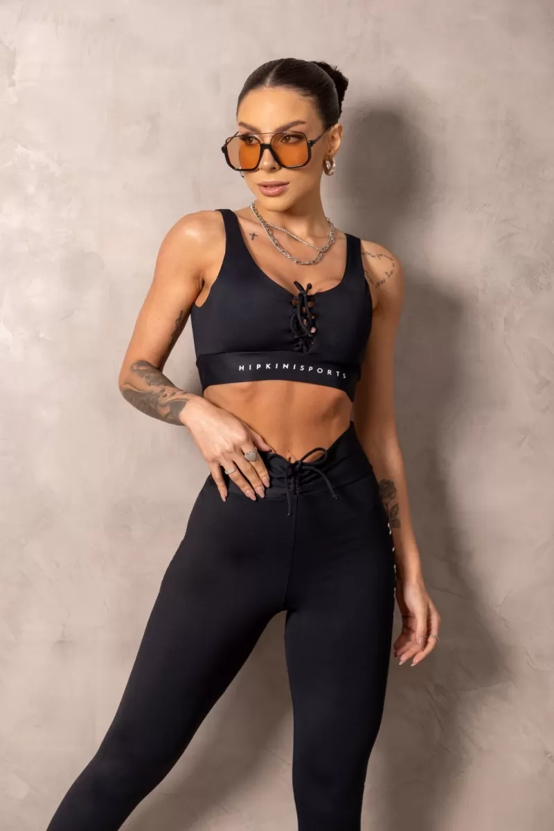 Hipkini - Black Brighten Fitness Top with Tie - 33331201