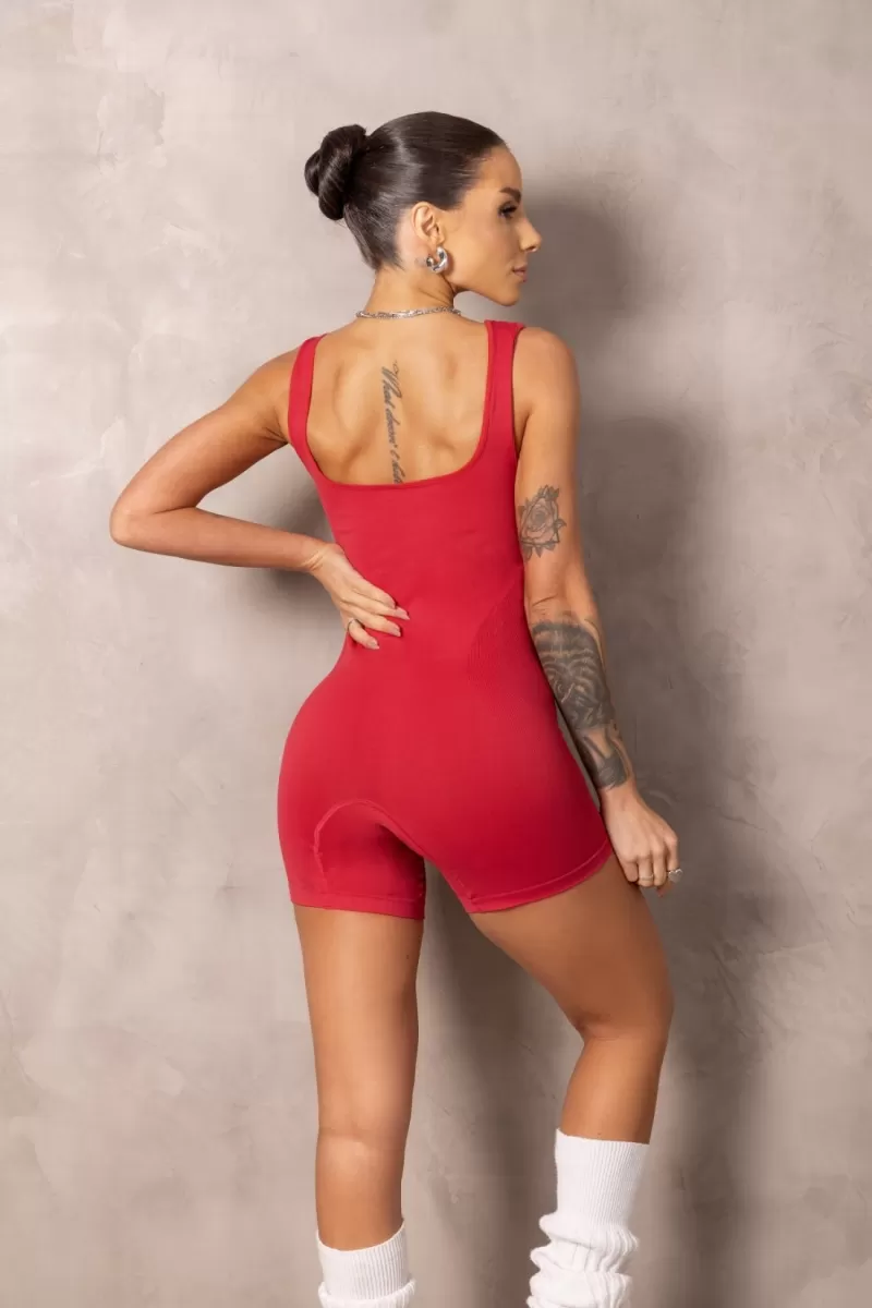 Hipkini - Seamless Brighten Red Fitness Romper - 33331364