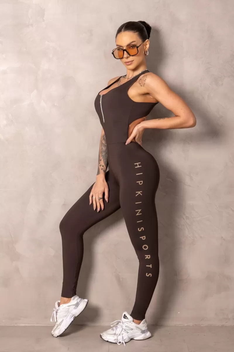 Hipkini - Brighten Brown Fitness Jumpsuit with Zipper - 33331218