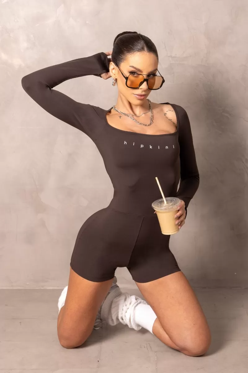 Hipkini - Brighten Brown Long Sleeve Fitness Romper - 33331219