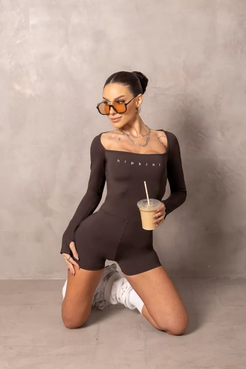 Hipkini - Brighten Brown Long Sleeve Fitness Romper - 33331219