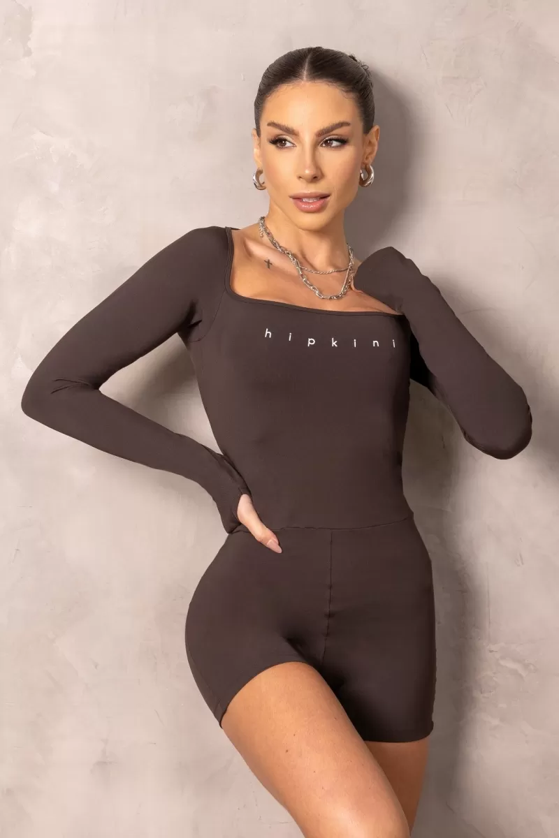 Hipkini - Brighten Brown Long Sleeve Fitness Romper - 33331219