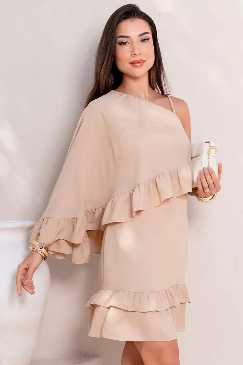 Miss Misses - Kiara Midi One Shoulder Dress with Frill Beige - 80578215 Miss Misses - Kiara Midi One Shoulder Dress with Frill Beige - 80578215