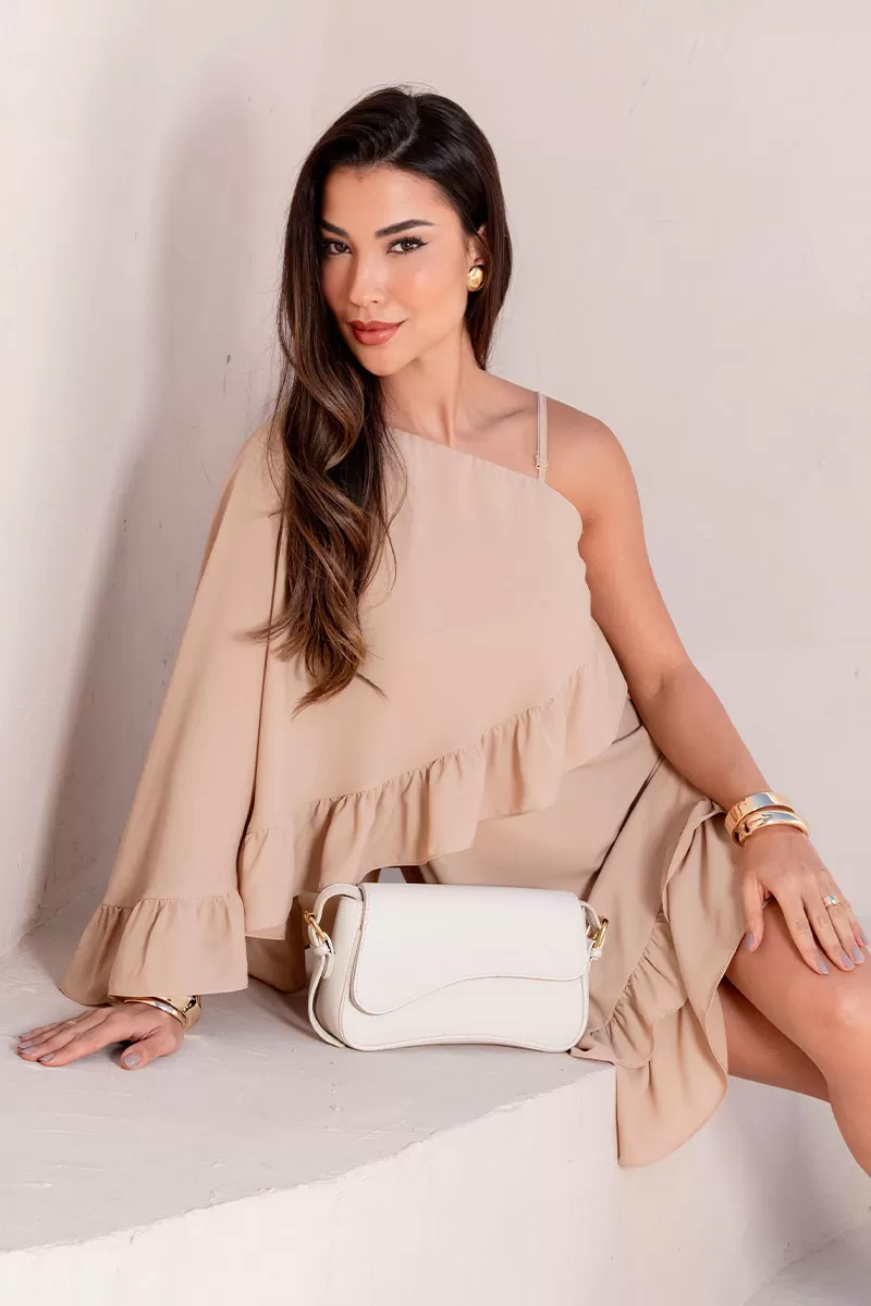 Miss Misses - Kiara Midi One Shoulder Dress with Frill Beige - 80578215 Miss Misses - Kiara Midi One Shoulder Dress with Frill Beige - 80578215