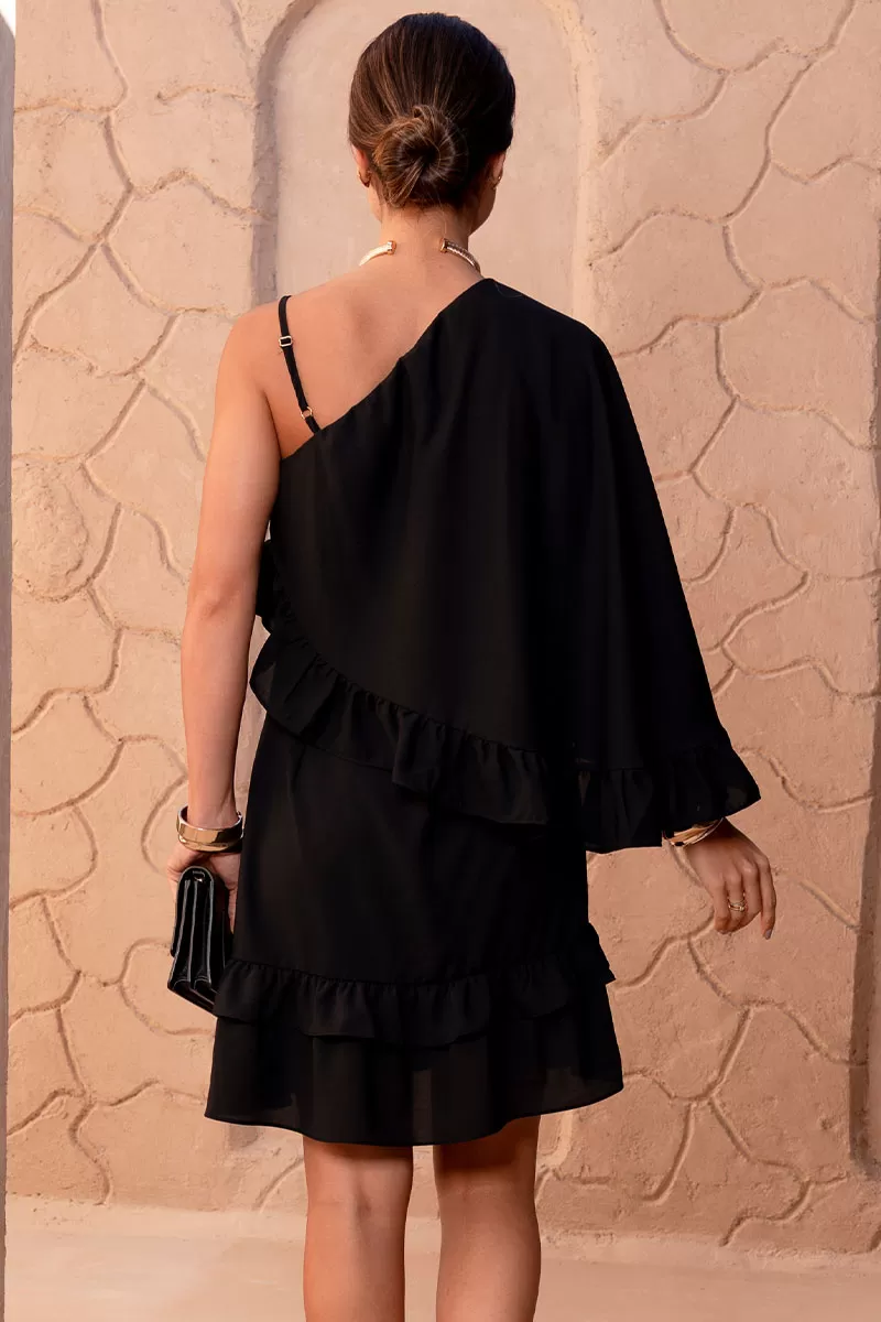 Miss Misses - Kiara Midi One Shoulder Dress with Frill in Black - 80578001 Miss Misses - Kiara Midi One Shoulder Dress with Frill in Black - 80578001