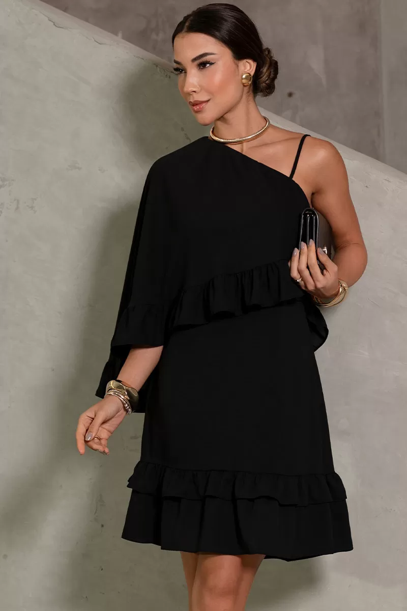 Miss Misses - Kiara Midi One Shoulder Dress with Frill in Black - 80578001 Miss Misses - Kiara Midi One Shoulder Dress with Frill in Black - 80578001