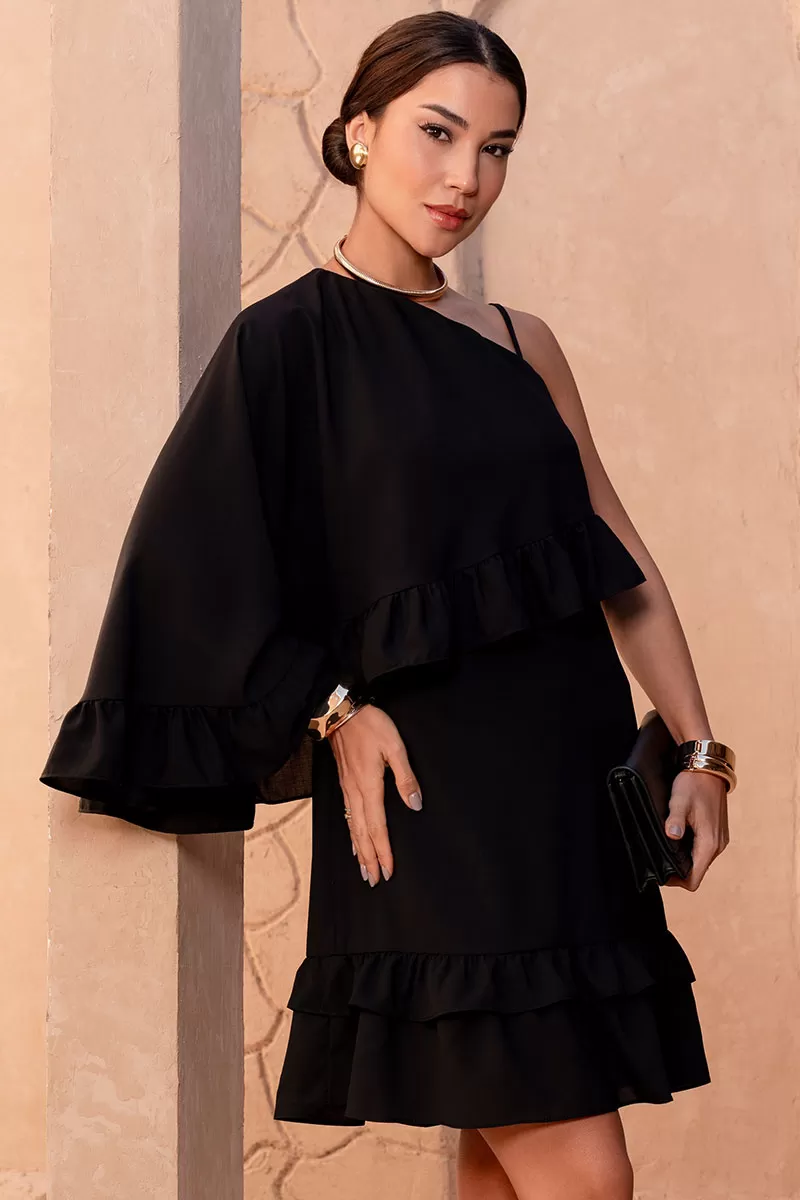 Miss Misses - Kiara Midi One Shoulder Dress with Frill in Black - 80578001 Miss Misses - Kiara Midi One Shoulder Dress with Frill in Black - 80578001