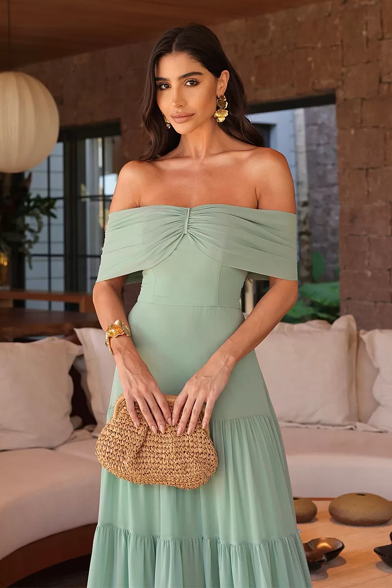 Dot Clothing - Light Green Off Shoulder Long Dot Clothing Dress - 1850VERDECL Dot Clothing - Light Green Off Shoulder Long Dot Clothing Dress - 1850VERDECL