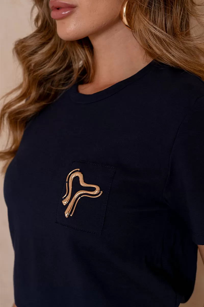 Miss Misses - Tamires Short Sleeve Shirt with Navy Metal Detail - 54600004 Miss Misses - Tamires Short Sleeve Shirt with Navy Metal Detail - 54600004