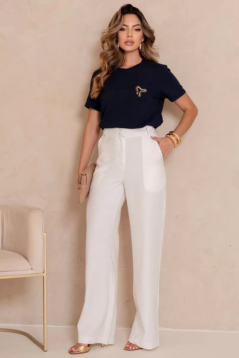 Miss Misses - Tamires Short Sleeve Shirt with Navy Metal Detail - 54600004 Miss Misses - Tamires Short Sleeve Shirt with Navy Metal Detail - 54600004