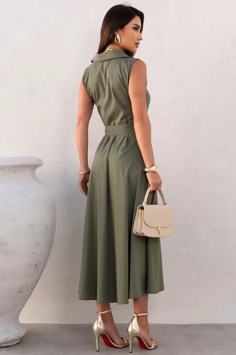 Miss Misses - Pink Midi Open Dress with Booties and Green Belt - 54602023 Miss Misses - Pink Midi Open Dress with Booties and Green Belt - 54602023