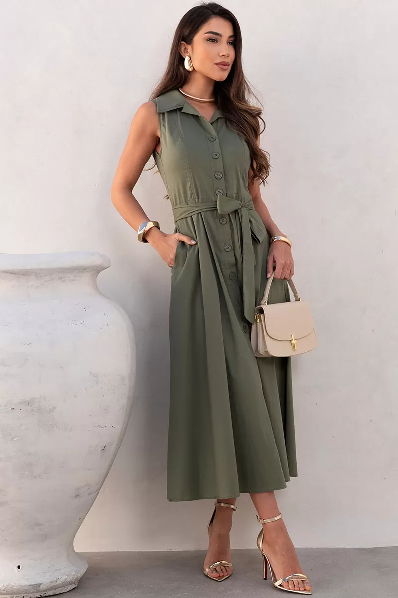 Miss Misses - Pink Midi Open Dress with Booties and Green Belt - 54602023 Miss Misses - Pink Midi Open Dress with Booties and Green Belt - 54602023