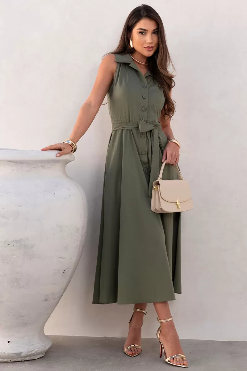 Miss Misses - Pink Midi Open Dress with Booties and Green Belt - 54602023 Miss Misses - Pink Midi Open Dress with Booties and Green Belt - 54602023