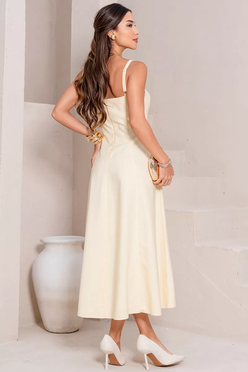 Miss Misses - Blue Dress with V-Neckline and Straps, Metal Detail on the Front, Yellow - 54621003