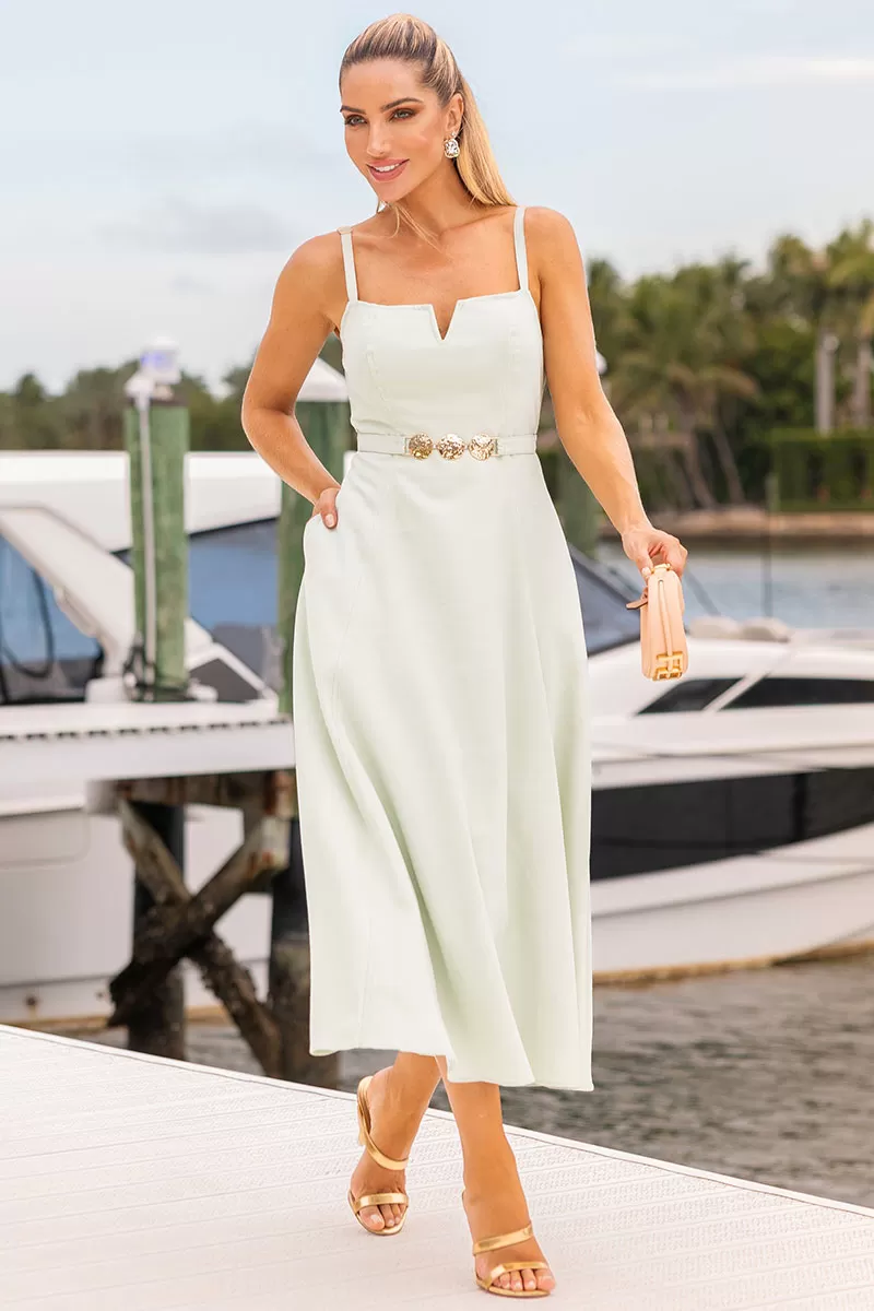 Miss Misses - Blue Dress with V-Neckline and Straps, Metal Detail on the Front, Green - 54621023 Miss Misses - Blue Dress with V-Neckline and Straps, Metal Detail on the Front, Green - 54621023