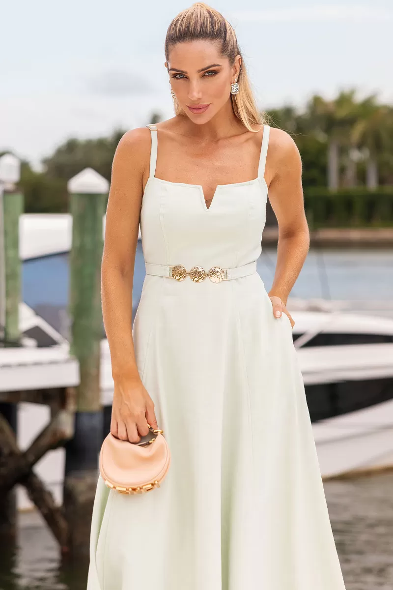 Miss Misses - Blue Dress with V-Neckline and Straps, Metal Detail on the Front, Green - 54621023 Miss Misses - Blue Dress with V-Neckline and Straps, Metal Detail on the Front, Green - 54621023