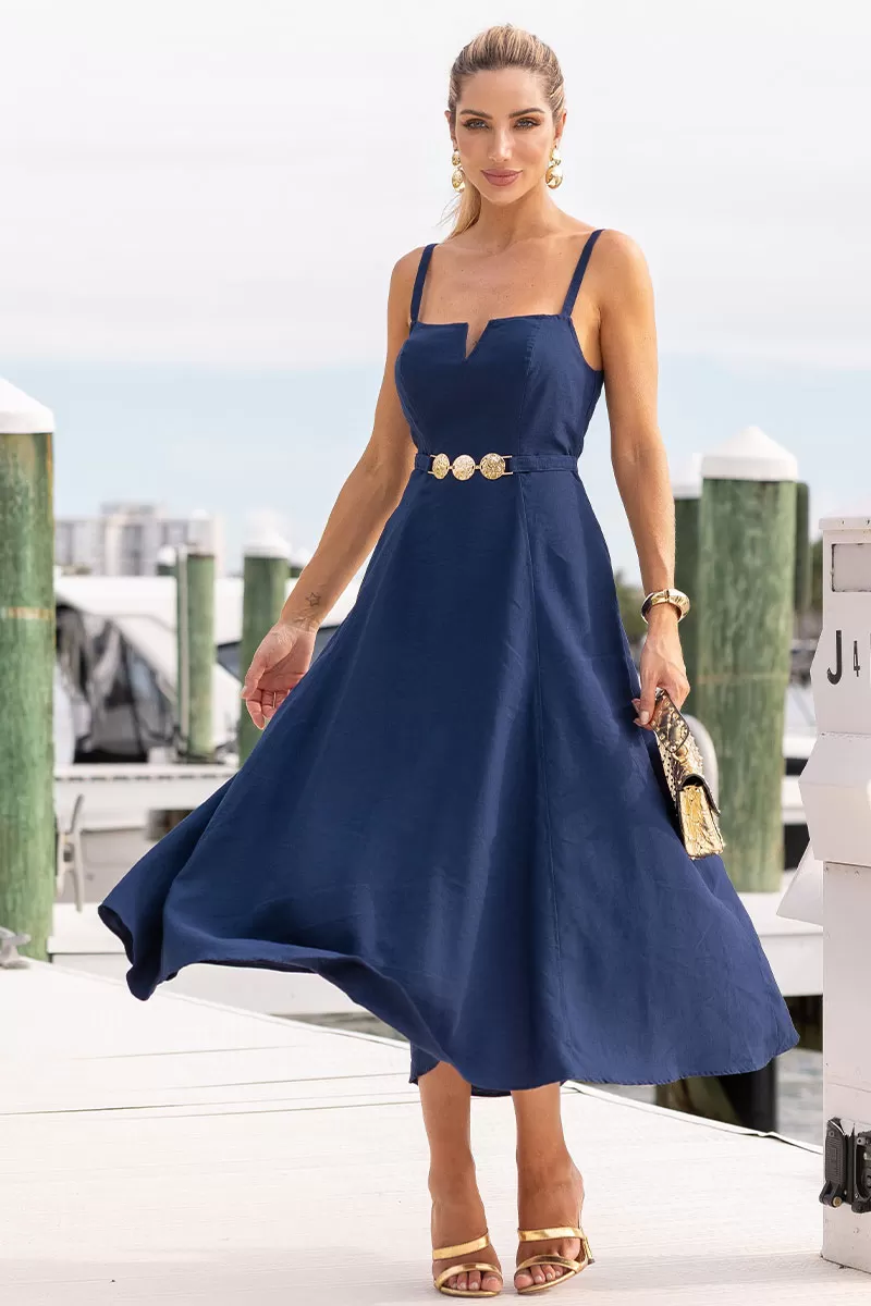 Miss Misses - Dress Blace C/V Neckline/Straps Metal Detail On The Front Navy Blue - 54621004 Miss Misses - Dress Blace C/V Neckline/Straps Metal Detail On The Front Navy Blue - 54621004