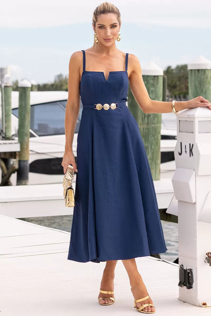 Miss Misses - Dress Blace C/V Neckline/Straps Metal Detail On The Front Navy Blue - 54621004 Miss Misses - Dress Blace C/V Neckline/Straps Metal Detail On The Front Navy Blue - 54621004