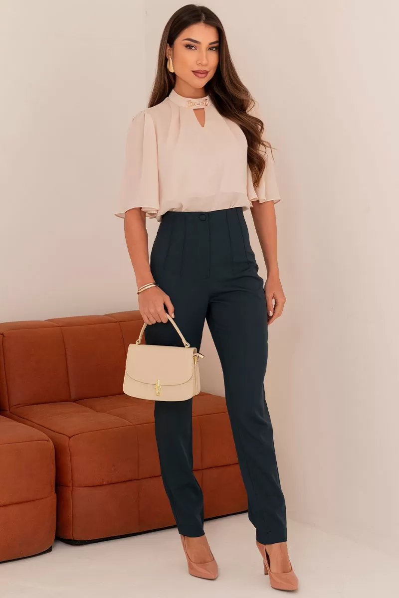 Miss Misses - Cleide Crepe Shirt with Metal Detail and Beige Collar - 54622215 Miss Misses - Cleide Crepe Shirt with Metal Detail and Beige Collar - 54622215