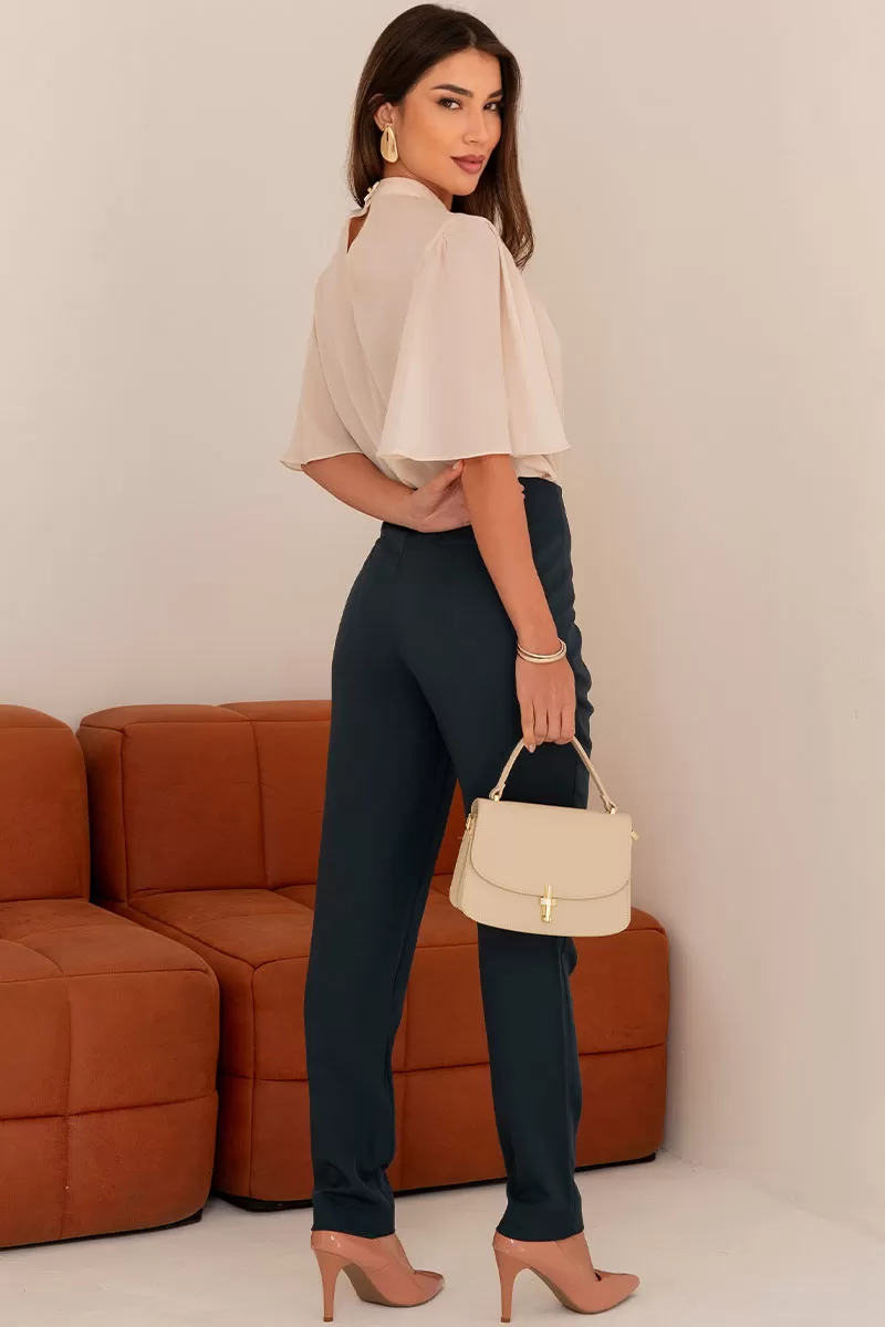 Miss Misses - Cleide Crepe Shirt with Metal Detail and Beige Collar - 54622215 Miss Misses - Cleide Crepe Shirt with Metal Detail and Beige Collar - 54622215