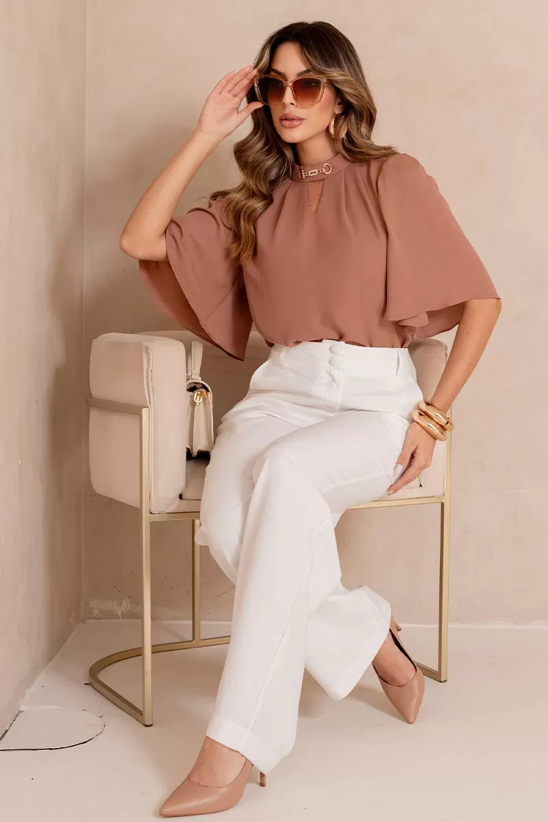 Miss Misses - Cleide Crepe Shirt with Metal Detail Caramel Collar - 54622134 Miss Misses - Cleide Crepe Shirt with Metal Detail Caramel Collar - 54622134