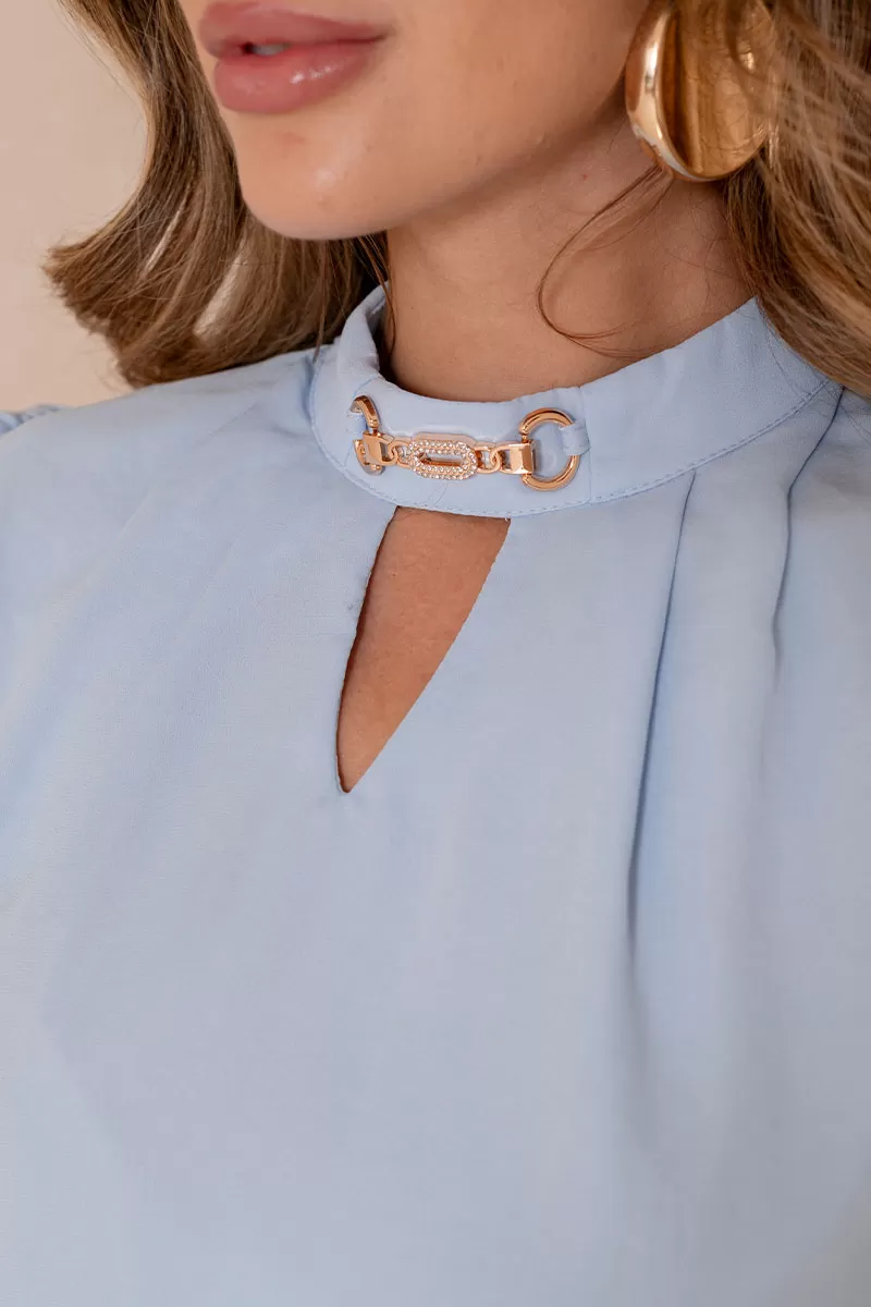 Miss Misses - Cleide Crepe Shirt with Metal Detail and Blue Collar - 54622002 Miss Misses - Cleide Crepe Shirt with Metal Detail and Blue Collar - 54622002
