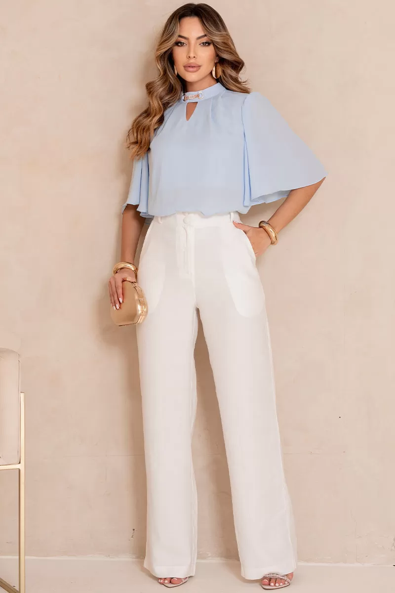 Miss Misses - Cleide Crepe Shirt with Metal Detail and Blue Collar - 54622002 Miss Misses - Cleide Crepe Shirt with Metal Detail and Blue Collar - 54622002