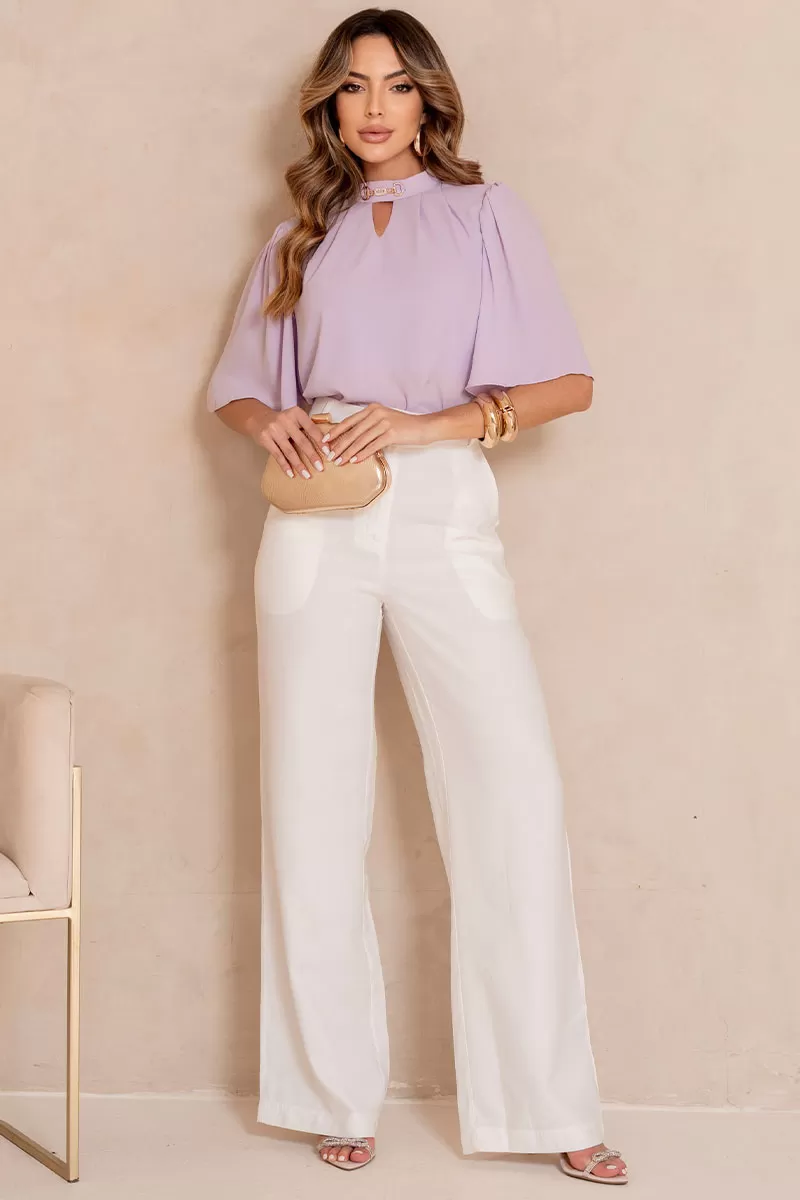 Miss Misses - Cleide Crepe Shirt with Metal Detail and Lilac Collar - 54622050 Miss Misses - Cleide Crepe Shirt with Metal Detail and Lilac Collar - 54622050