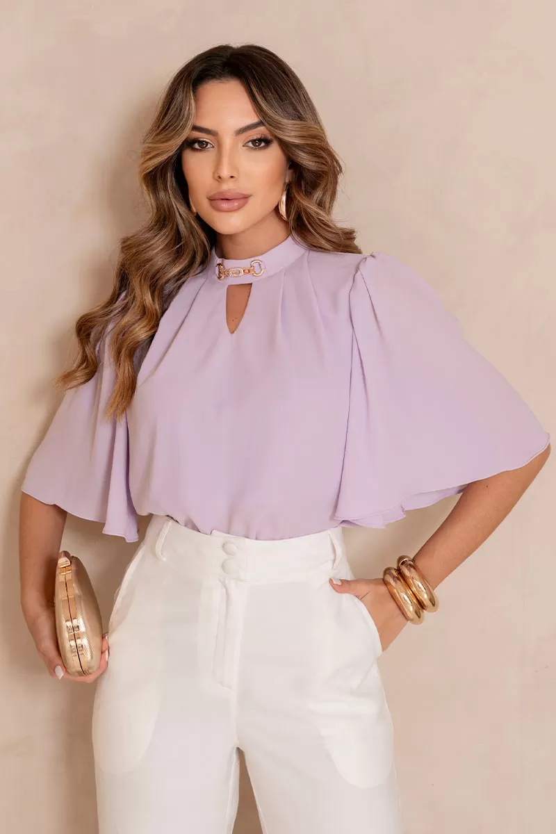 Miss Misses - Cleide Crepe Shirt with Metal Detail and Lilac Collar - 54622050