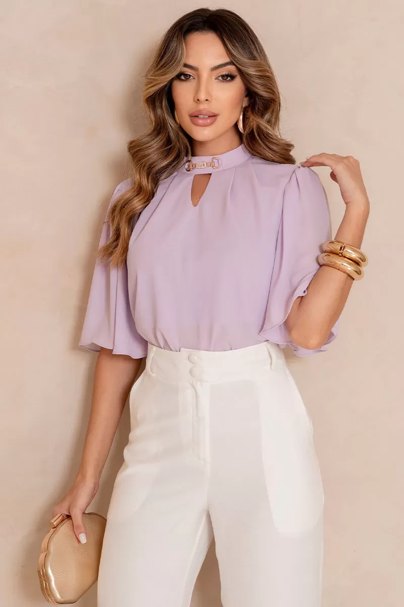 Miss Misses - Cleide Crepe Shirt with Metal Detail and Lilac Collar - 54622050 Miss Misses - Cleide Crepe Shirt with Metal Detail and Lilac Collar - 54622050