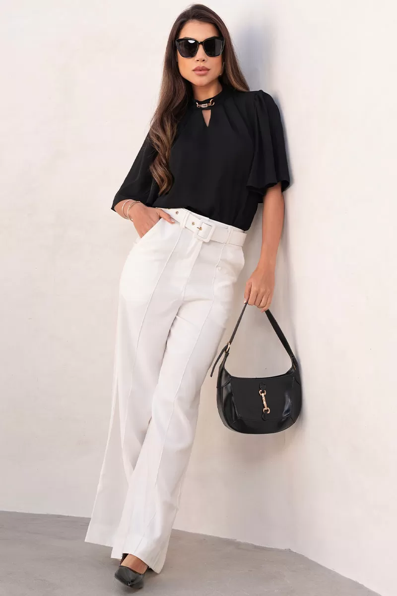 Miss Misses - Cleide Crepe Shirt with Metal Detail and Black Collar - 54622001 Miss Misses - Cleide Crepe Shirt with Metal Detail and Black Collar - 54622001