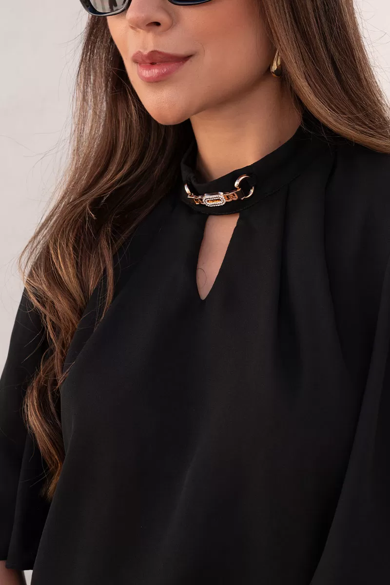 Miss Misses - Cleide Crepe Shirt with Metal Detail and Black Collar - 54622001 Miss Misses - Cleide Crepe Shirt with Metal Detail and Black Collar - 54622001
