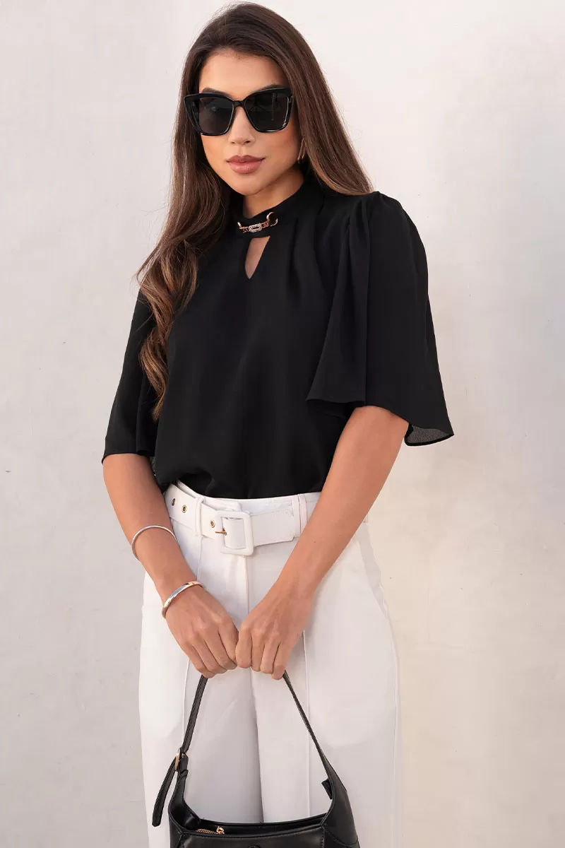 Miss Misses - Cleide Crepe Shirt with Metal Detail and Black Collar - 54622001 Miss Misses - Cleide Crepe Shirt with Metal Detail and Black Collar - 54622001