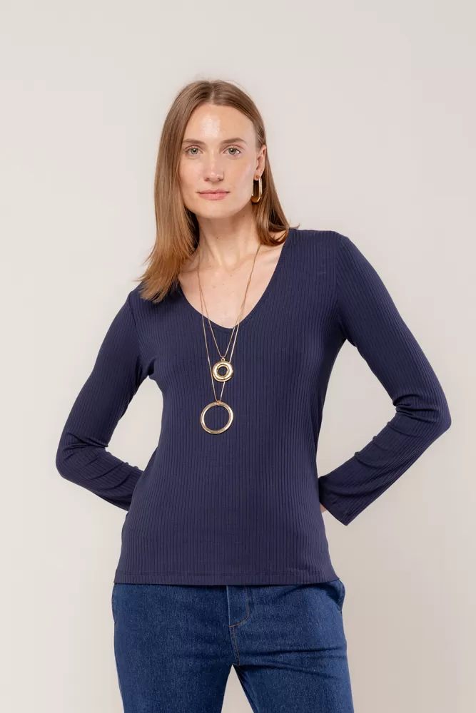 Hidrogênio - LONG SLEEVE V-NECK BLOUSE NAVY - 18235004