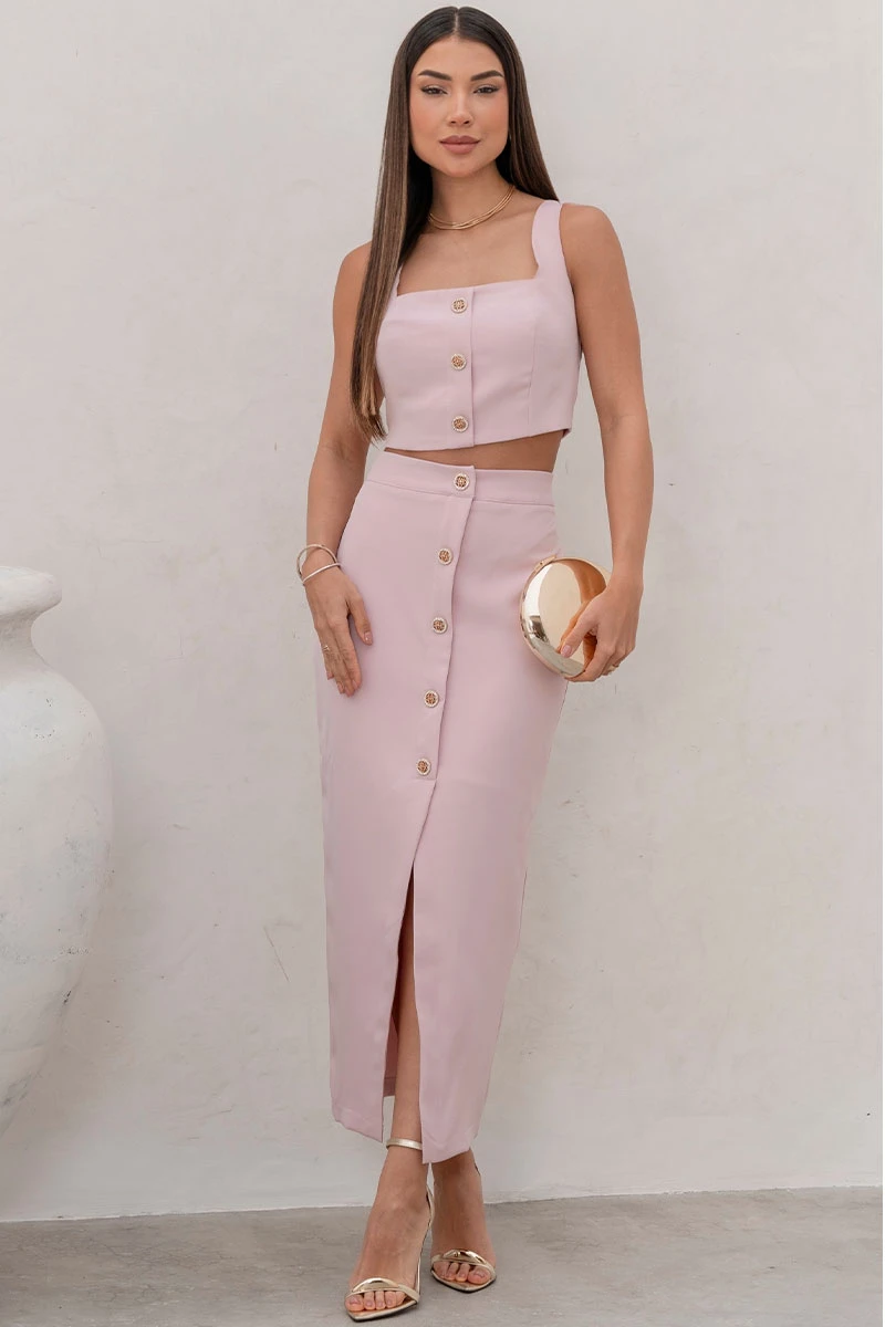 Miss Misses - Nubia Skirt Set with Cropped Top and Pink Buttons - 54604060