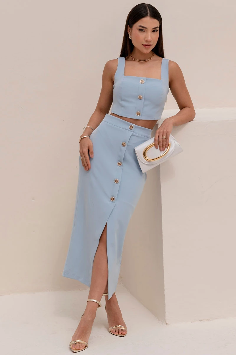 Miss Misses - Nubia Skirt Set with Cropped Top and Buttons Blue - 54604002 Miss Misses - Nubia Skirt Set with Cropped Top and Buttons Blue - 54604002
