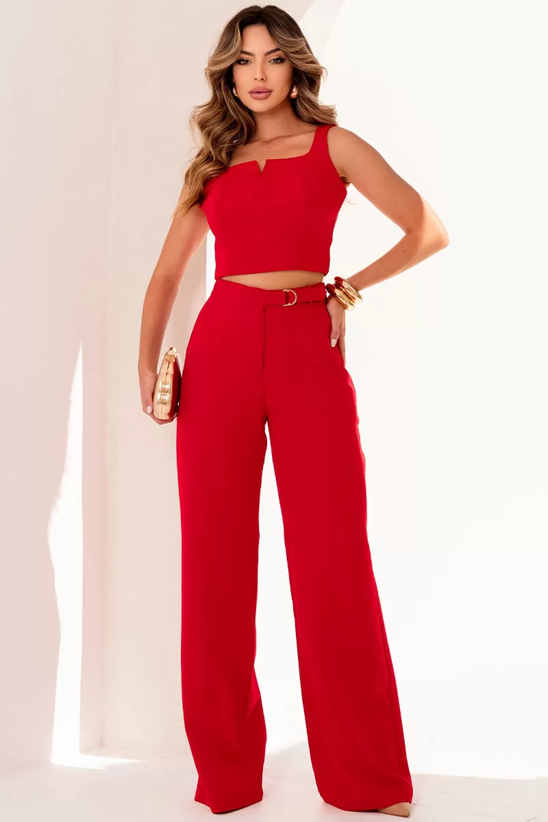 Miss Misses - Tania Cropped and Pants Set with Red Metal Detail - 54590024