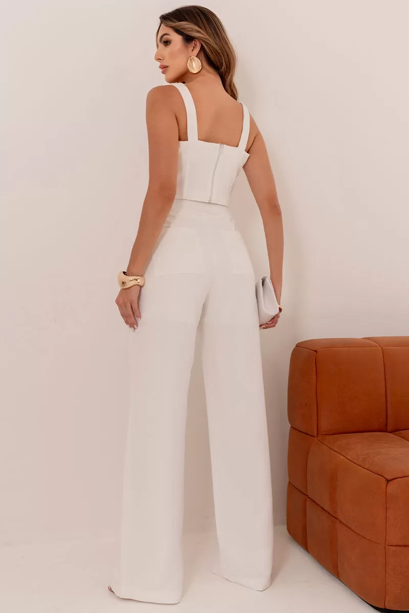 Miss Misses - Tania Cropped and Pants Set with Metal Detail Off White - 54590030 Miss Misses - Tania Cropped and Pants Set with Metal Detail Off White - 54590030