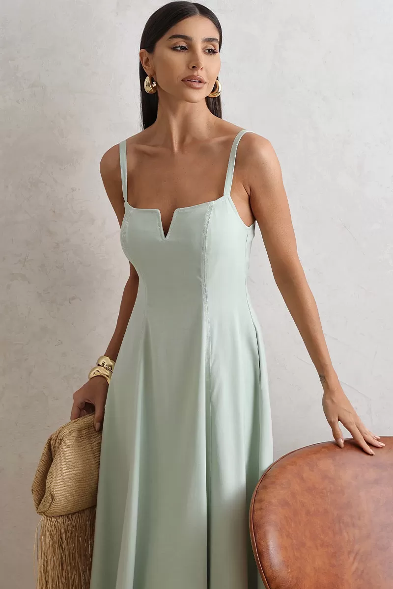 Miss Misses - Milena Dress with Straps and Green Stitching Detail - 54636023