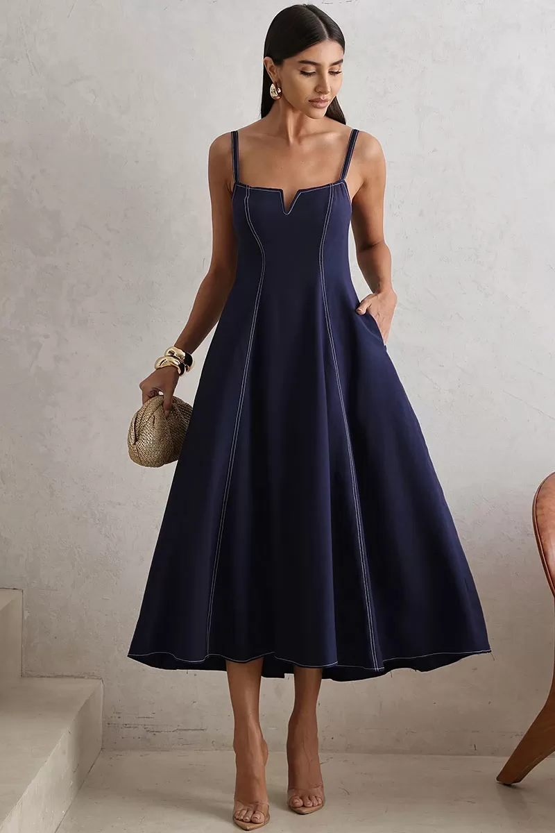 Miss Misses - Milena Dress with Straps and Stitching Detail in Navy Blue - 54636004