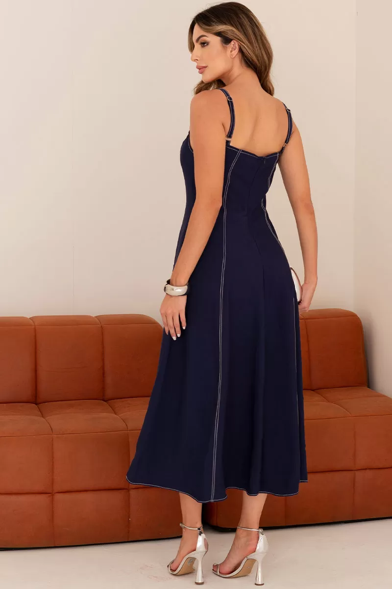 Miss Misses - Milena Dress with Straps and Stitching Detail in Navy Blue - 54636004 Miss Misses - Milena Dress with Straps and Stitching Detail in Navy Blue - 54636004