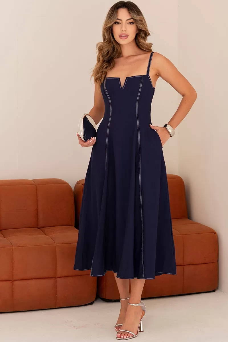 Miss Misses - Milena Dress with Straps and Stitching Detail in Navy Blue - 54636004 Miss Misses - Milena Dress with Straps and Stitching Detail in Navy Blue - 54636004