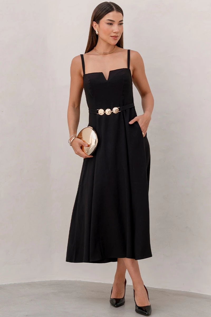 Miss Misses - Black Dress with V-Neckline and Straps, Metal Detail on the Front - 54621001 Miss Misses - Black Dress with V-Neckline and Straps, Metal Detail on the Front - 54621001